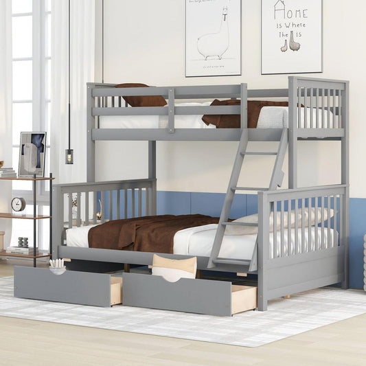Twin-Over-Full Bunk Bed with Ladders and Two Storage Drawers(Gray){o