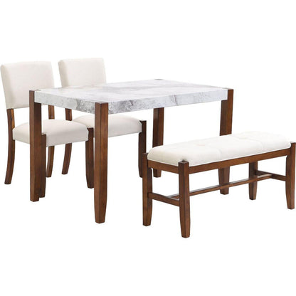 4-Piece Modern Dining Furniture Set, 4-Person Space-Saving Dinette for Kitchen, 46" Faux Marble Style Table and 2 Upholstered Chairs & Bench with Wood Legs