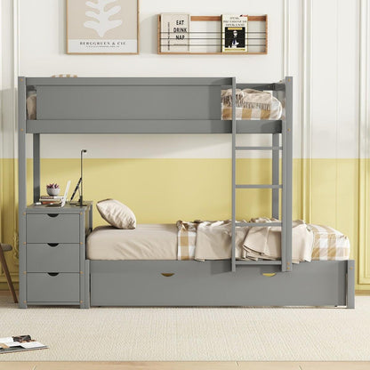 Twin-Over-Twin Bunk Bed with Twin size Trundle, Storage and Desk, Gray