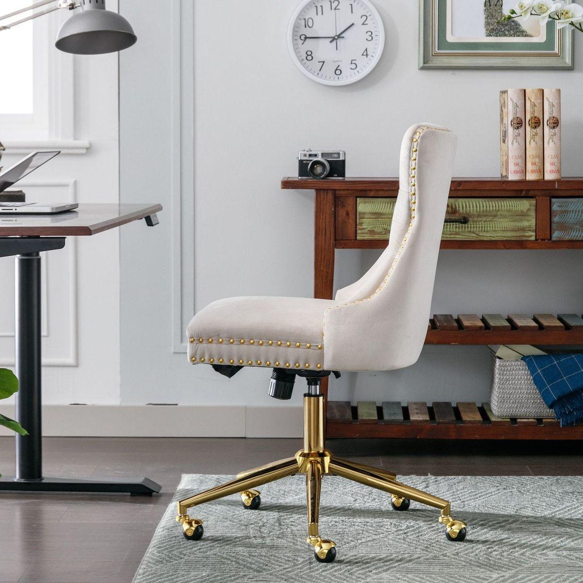 Office Chair,Velvet Upholstered Tufted Button Home Office Chair with Golden Metal Base,Adjustable Desk Chair Swivel Office Chair (Beige)