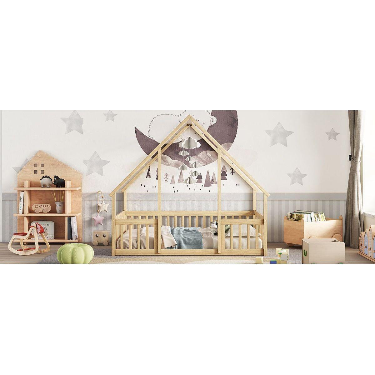Full Wood House-Shaped Floor Bed with Fence, Guardrails,Natural