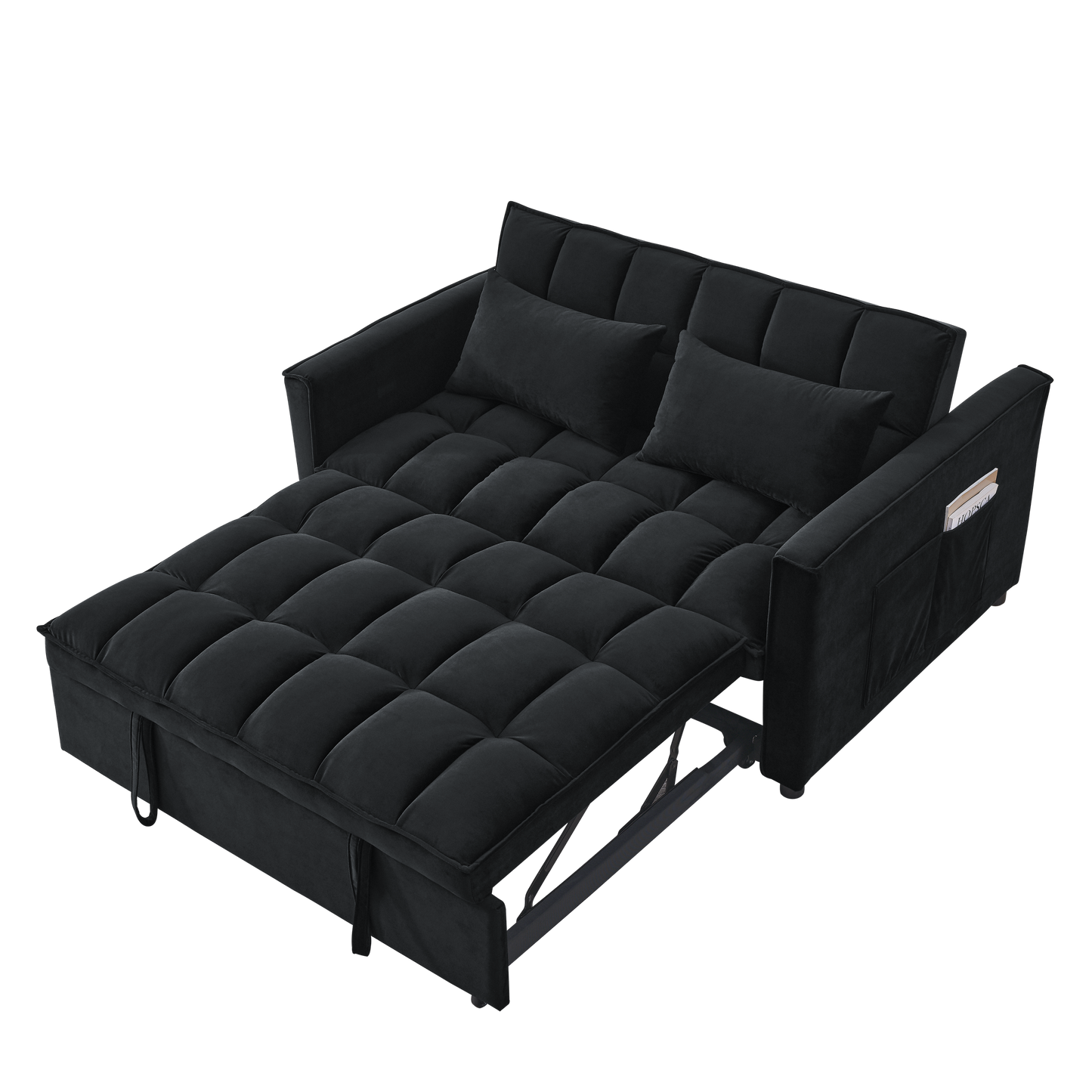 Sleeper Sofa, Convertible Sofa, Recliner, Bed, 3-in-1, 3-Position Adjustable Backrest, 2-Seater Sectional, Two Side Pockets, 2 Pillows for Living Room, Apartment, etc., Velvet Black 54" Wide.