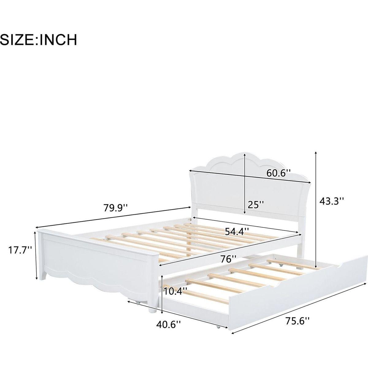 Full Size Wood Platform Bed with Headboard and Twin Size Trundle, White - Streamdale Furniture