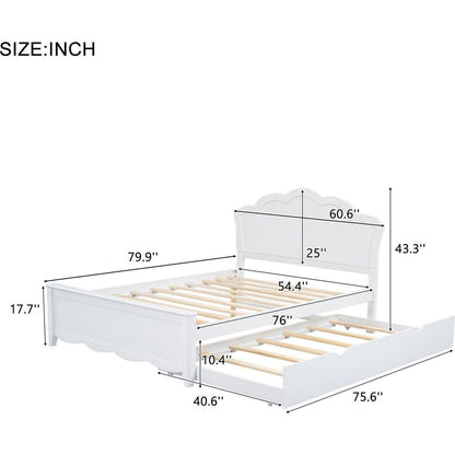Full Size Wood Platform Bed with Headboard and Twin Size Trundle, White - Streamdale Furniture