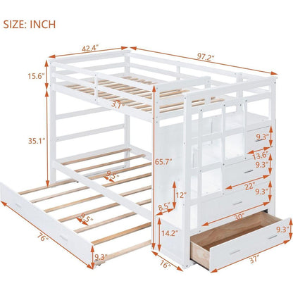 Twin Over Twin Bunk Bed with Trundle and Staircase,White