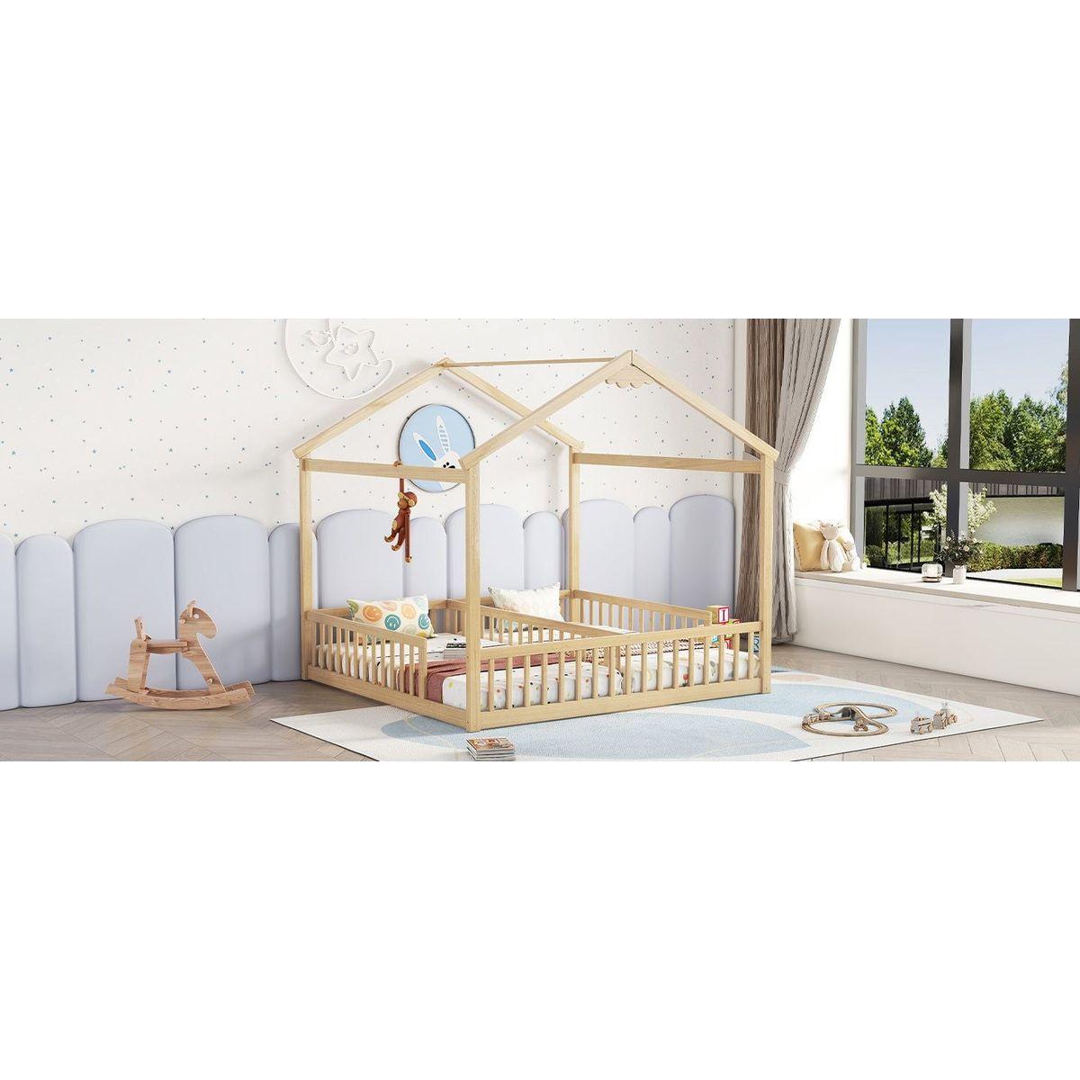 Double Twin House-Style Floor Bed with Fence, Guardrails, without door, Natural