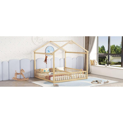 Double Twin House-Style Floor Bed with Fence, Guardrails, without door, Natural