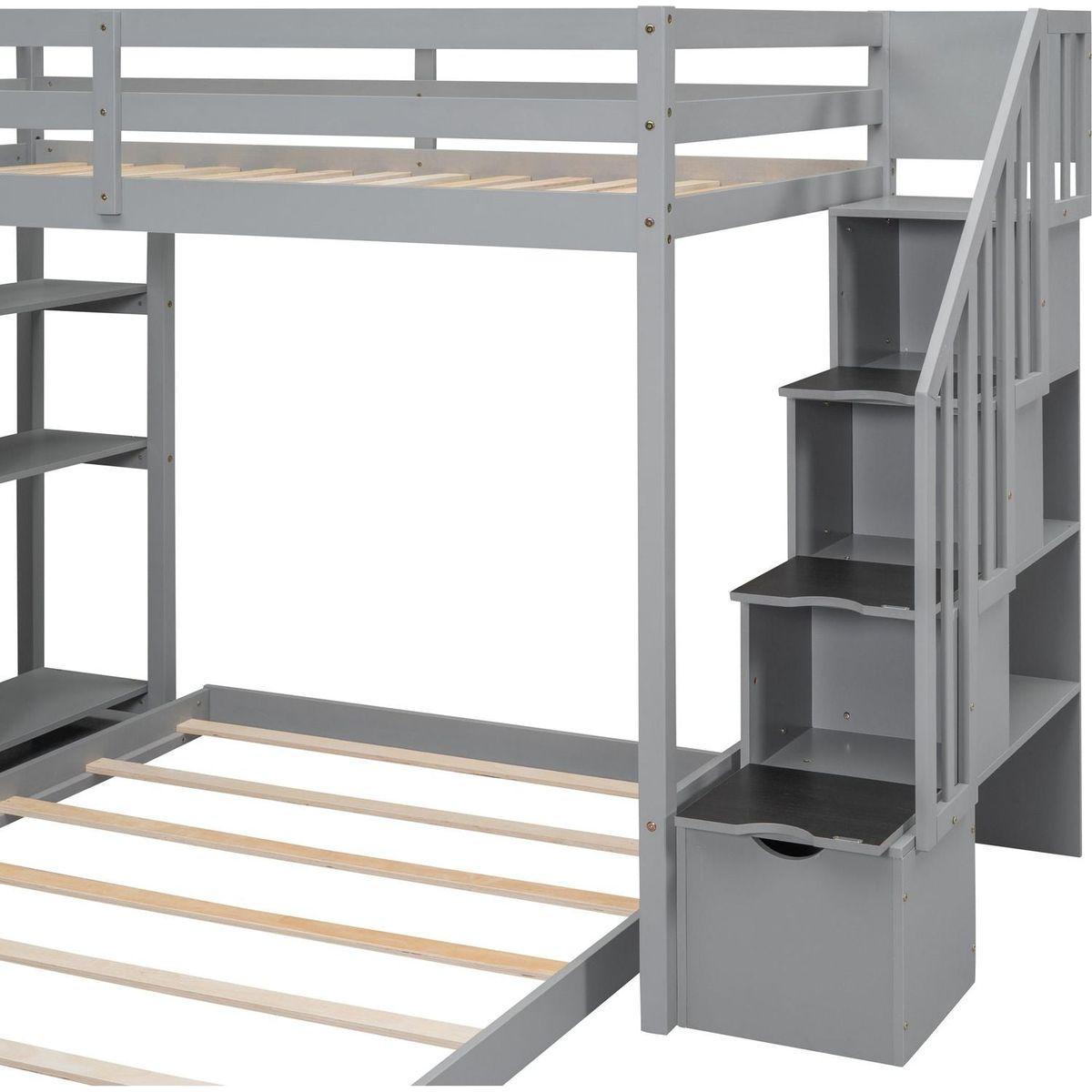 Twin Over Full Bunk Bed with 3-layer Shelves, Drawers and Storage Stairs, Gray