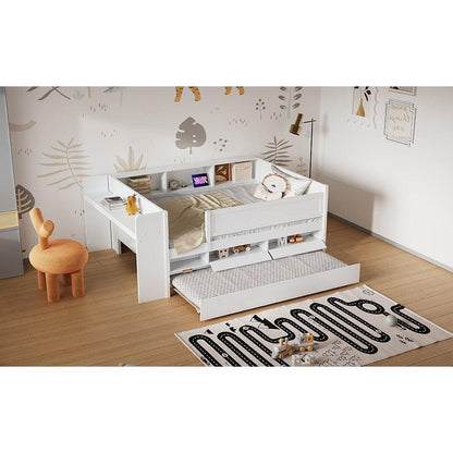Multi-Functional Twin Daybed with Drawers and Trundle, Headboard Storage and Tables, USB Charging Station, White