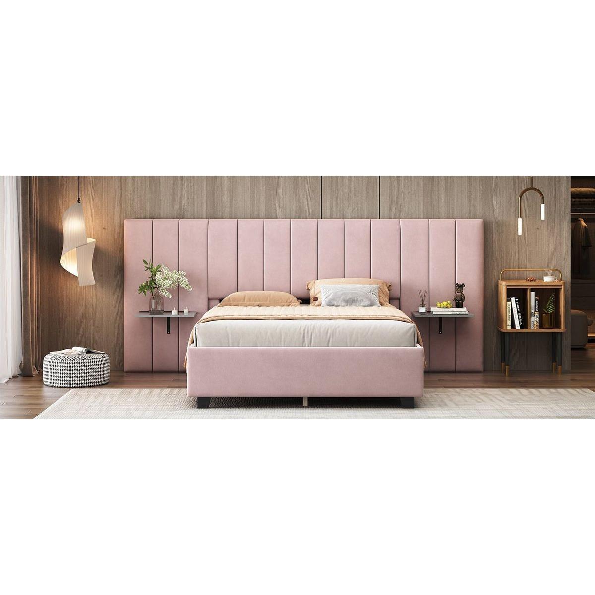 Full Size Upholstered Platform Bed with Big Headboard, Bedroom Furniture, Velvet, Pink