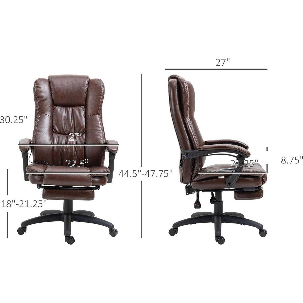 Vinsetto High Back Massage Office Chair with 6-Point Vibration, 5 Modes, Executive Chair, PU Leather Swivel Chair with Reclining Back, and Retractable Footrest, Brown