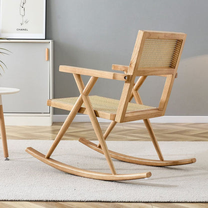 Solid wood+imitation rattan rocking chair allows you to relax quietly indoors and outdoors, enhancing your sense of relaxation, suitable for balconies, gardens, and camping sites