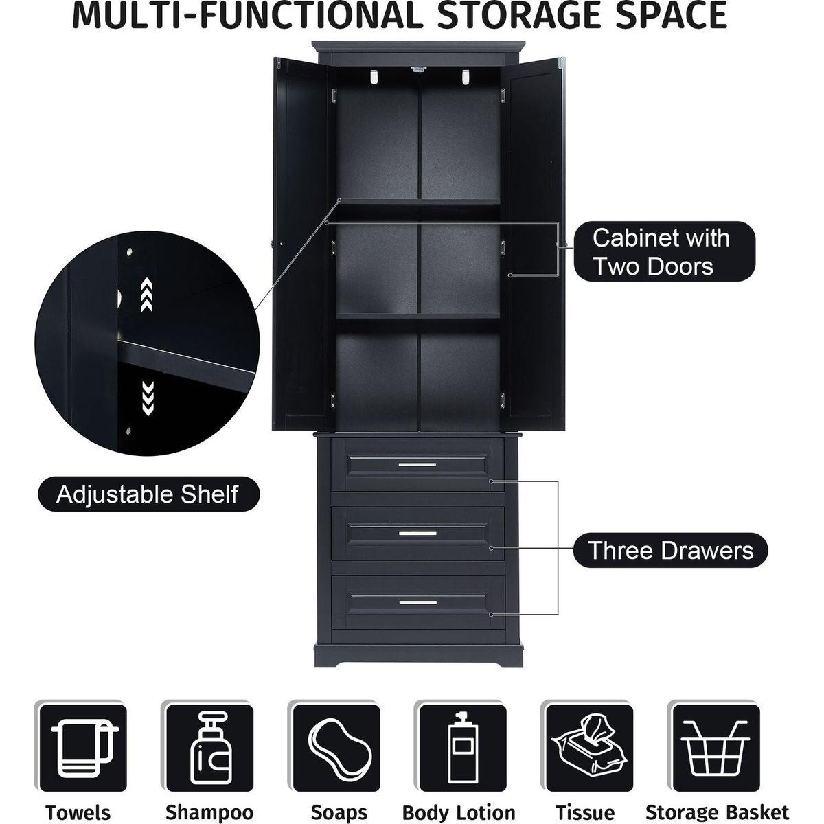 Tall Storage Cabinet with Three Drawers for Bathroom/Office, Black