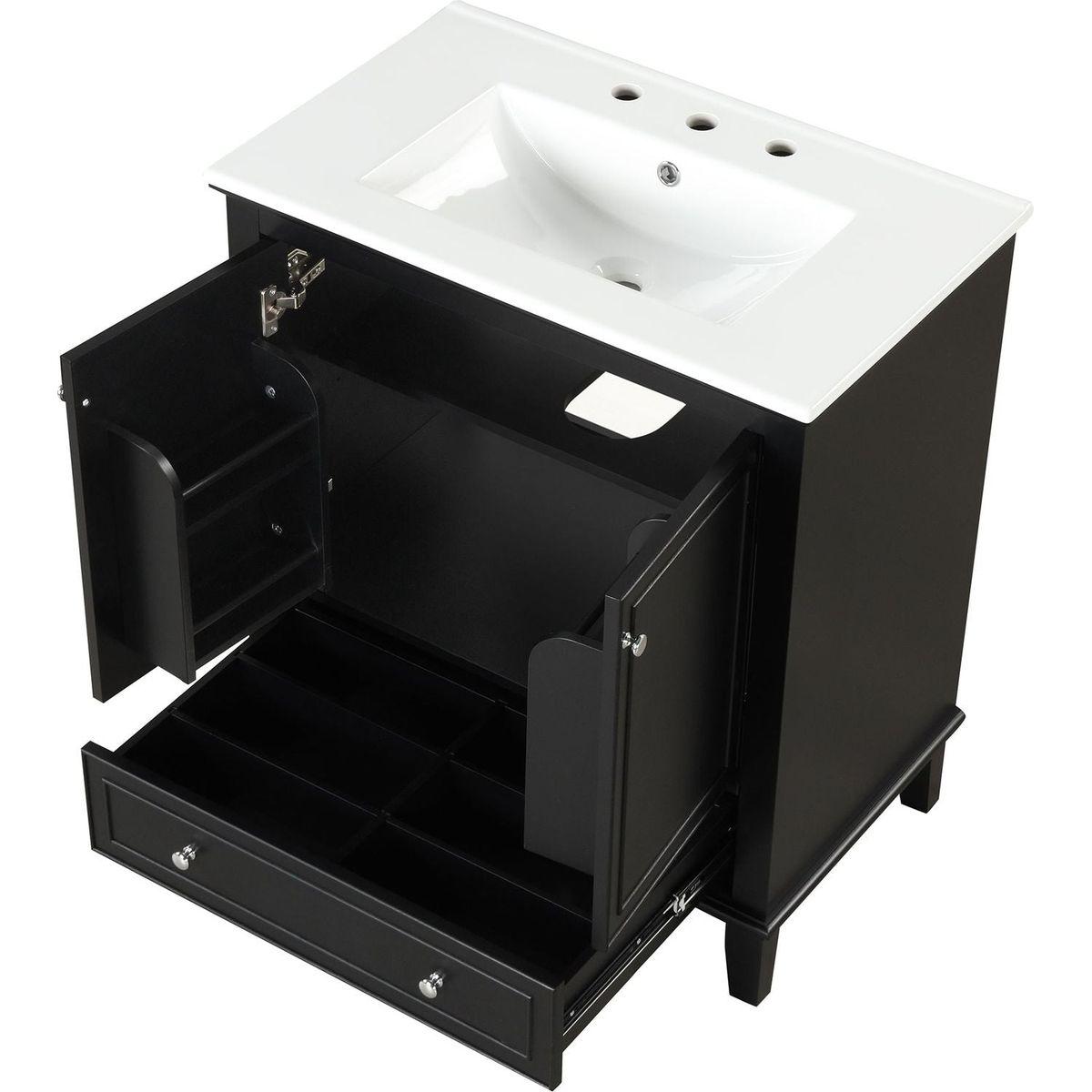 30" Bathroom Vanity with Sink Combo, Multi-functional Bathroom Cabinet with Doors and Drawer, Solid Wood and MDF Board, Black