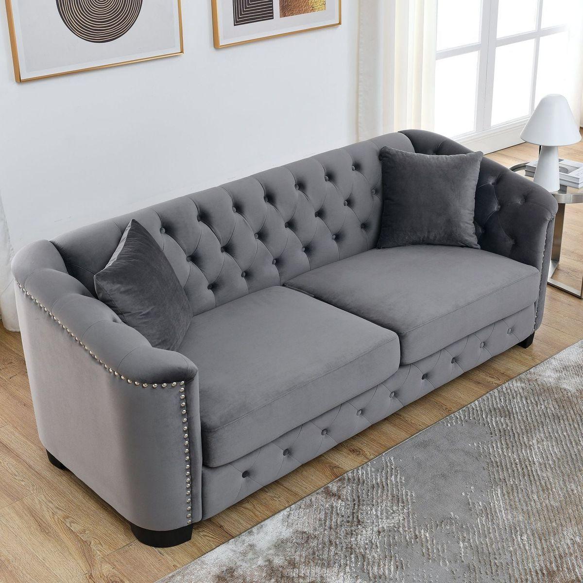 77-Inch Modern Chesterfield Velvet Sofa, 3-Seater Sofa, Upholstered Tufted Backrests with Nailhead Arms and 2 Cushions for Living Room, Bedroom, Apartment, Office (Grey)
