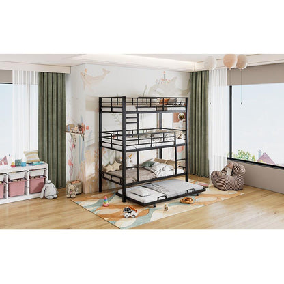 Metal Twin Size Triple Bunk Bed With Trundle, Black