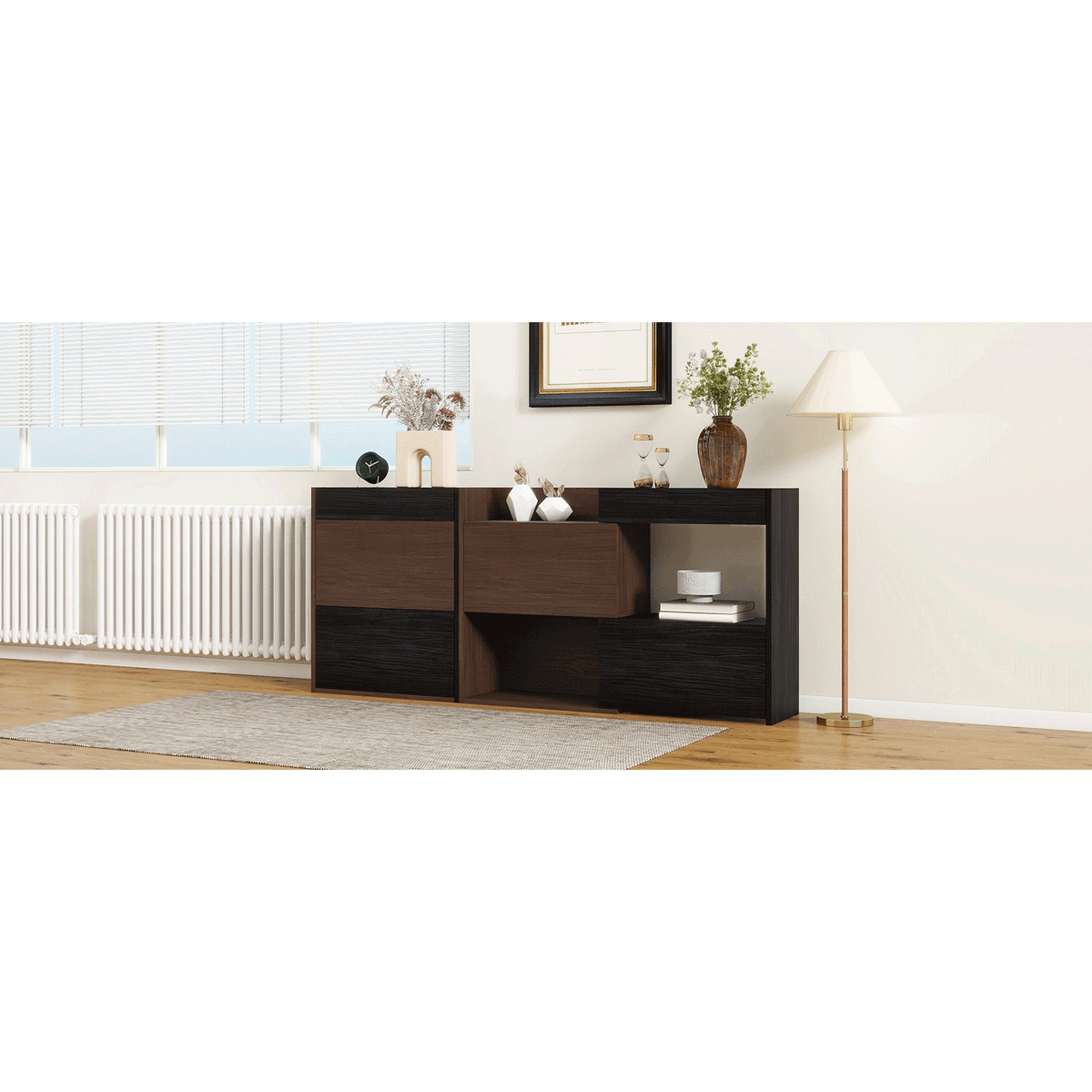 Set of 2, 32.5''-58.8'' Extendable & Rotating Cabinet with 1 Drawer, 90-Degree Corner Cabinet, Multifuctional Storage Combination Cabinet for Living Room, Hallway, Entryway, Black & Walnut