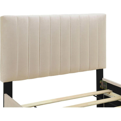 Twin Size Velvet Upholstered Platform Bed with Twin Size Trundle, Beige