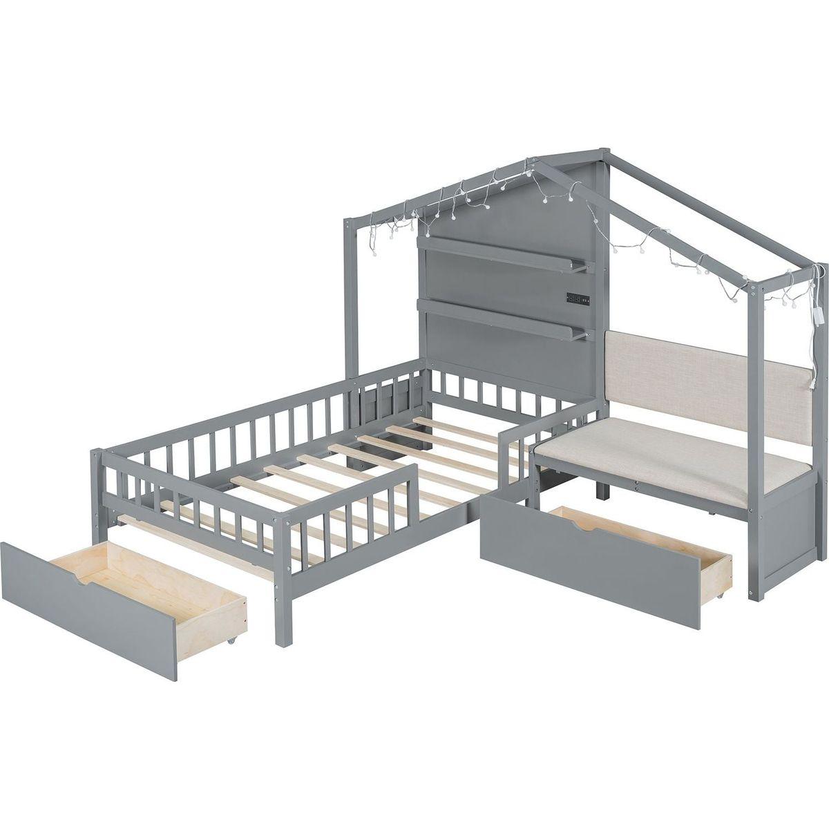 Twin Size House Bed with Upholstered Sofa, House Bed with Charging Station, Wireless Charging, Shelves and Two Drawers, Gray