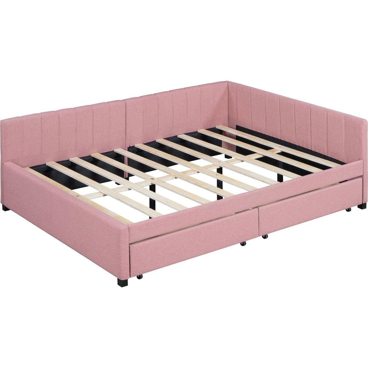 Full Size Upholstered Daybed with 2 Storage Drawers Sofa Bed Frame No Box Spring Needed, Linen Fabric (Pink)