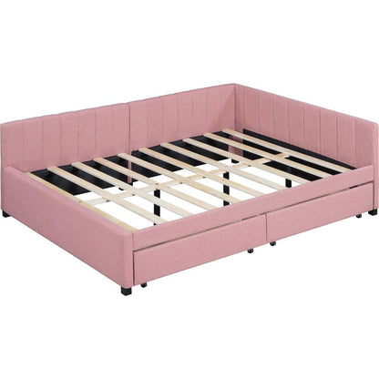 Full Size Upholstered Daybed with 2 Storage Drawers Sofa Bed Frame No Box Spring Needed, Linen Fabric (Pink)