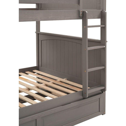 Full Over Full Bunk Bed with Twin Size Trundle, Pine Wood Bunk Bed with Guardrails, Brushed Gray