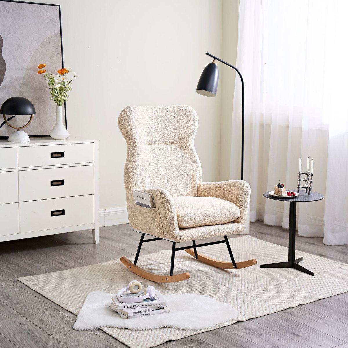 Modern Rocking Chair with High Backrest,Teddy Material Comfort Arm Rocker, Lounge Armchair for Living Room