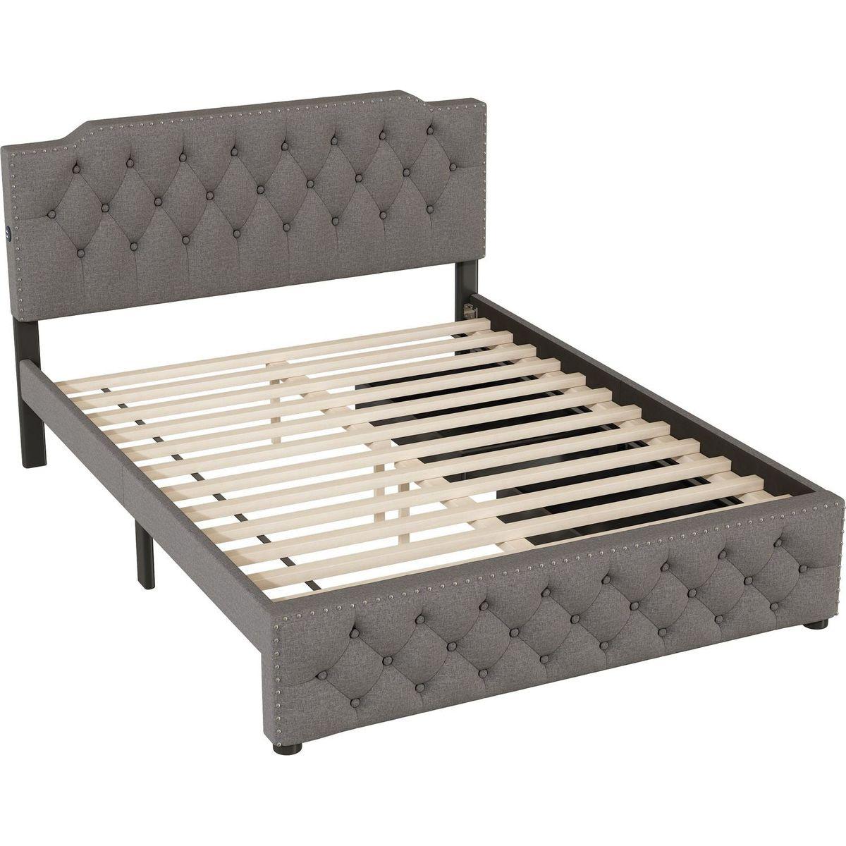 Queen Size Upholstered Platform Bed with 2 Drawers and 2 sets of USB Ports on each side, Linen Fabric, Gray