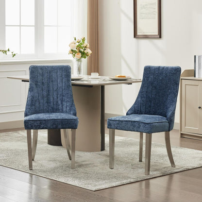 Rayon Cloth Flocking Chenille Dining Chairs Channel Kitchen Dinner Chair Comfy Fabric Upholstered Accent Chair for Dining Room with Silver Brushed Stainless Steel Legs,Set of 2 (Blue), SW1747BL