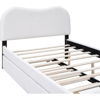Full Size Upholstered Platform Bed with Wood Supporting Feet and Twin Size Trundle, White