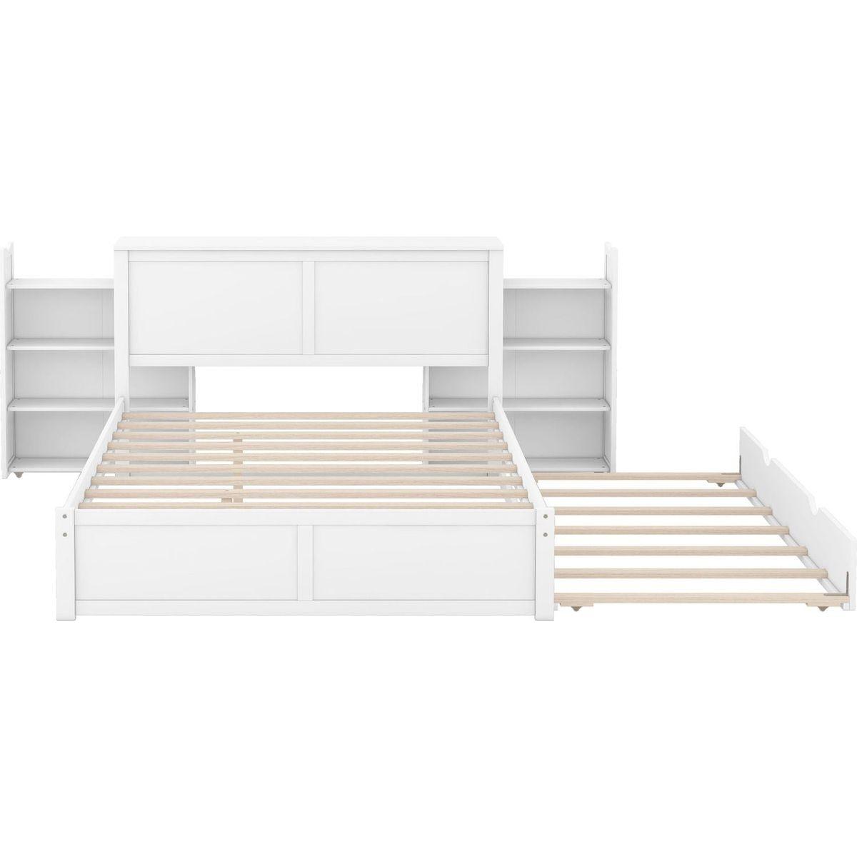Queen Size Storage Platform Bed with Pull Out Shelves and Twin XL Size Trundle, White