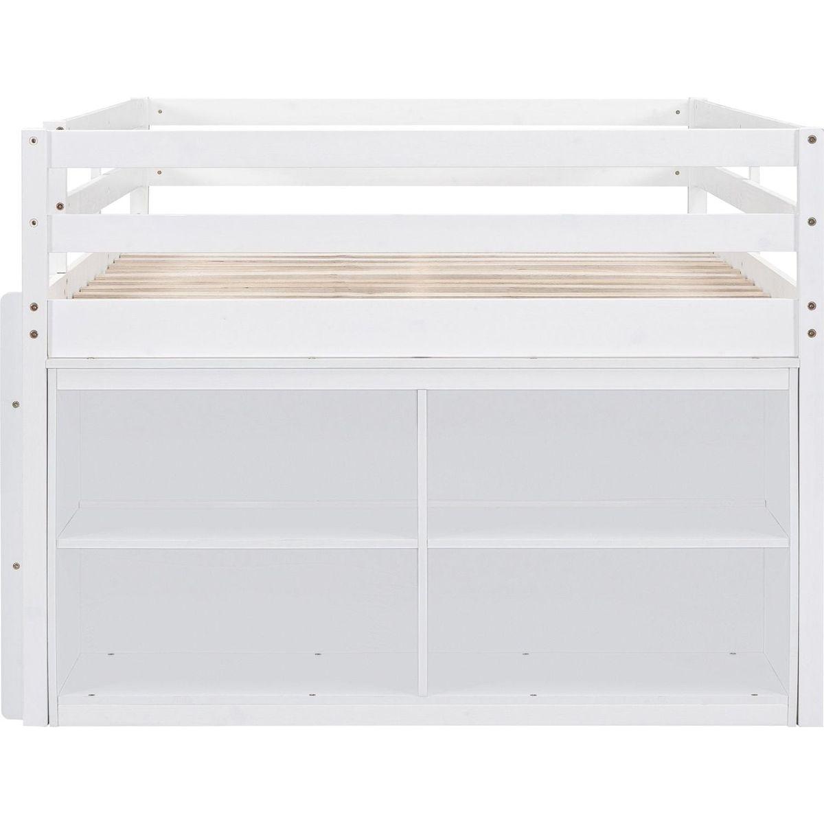 Full Size Loft Bed with Retractable Writing Desk and 4 Drawers, Wooden Loft Bed with Lateral Portable Desk and Shelves, White