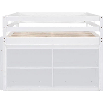 Full Size Loft Bed with Retractable Writing Desk and 4 Drawers, Wooden Loft Bed with Lateral Portable Desk and Shelves, White