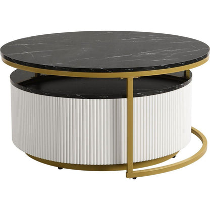 Modern Round Nesting Coffee Table Fluted with Drawer in Black & Gold in 31.5"