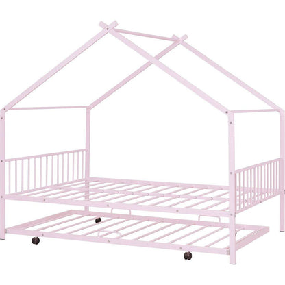 Full Size Metal House Bed with Twin Size Trundle, Pink