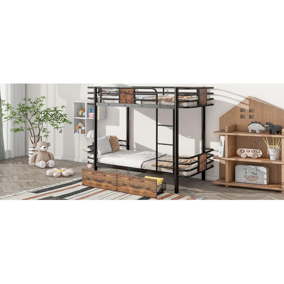 Twin XL over Twin XL Metal Bunk Bed with MDF Board Guardrail and Two Storage Drawers,Black