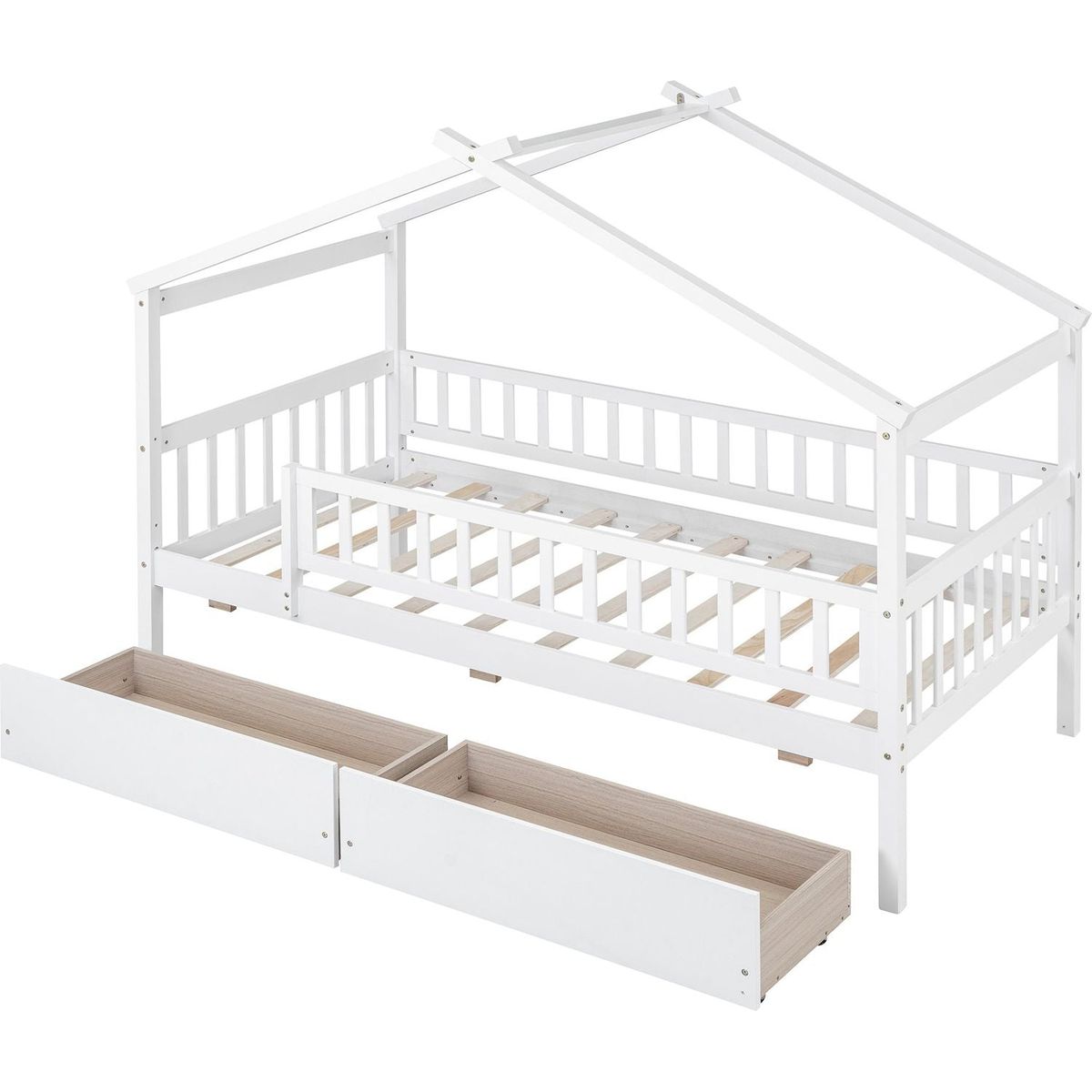 Twin Size Wooden House Bed with Two Drawers, White