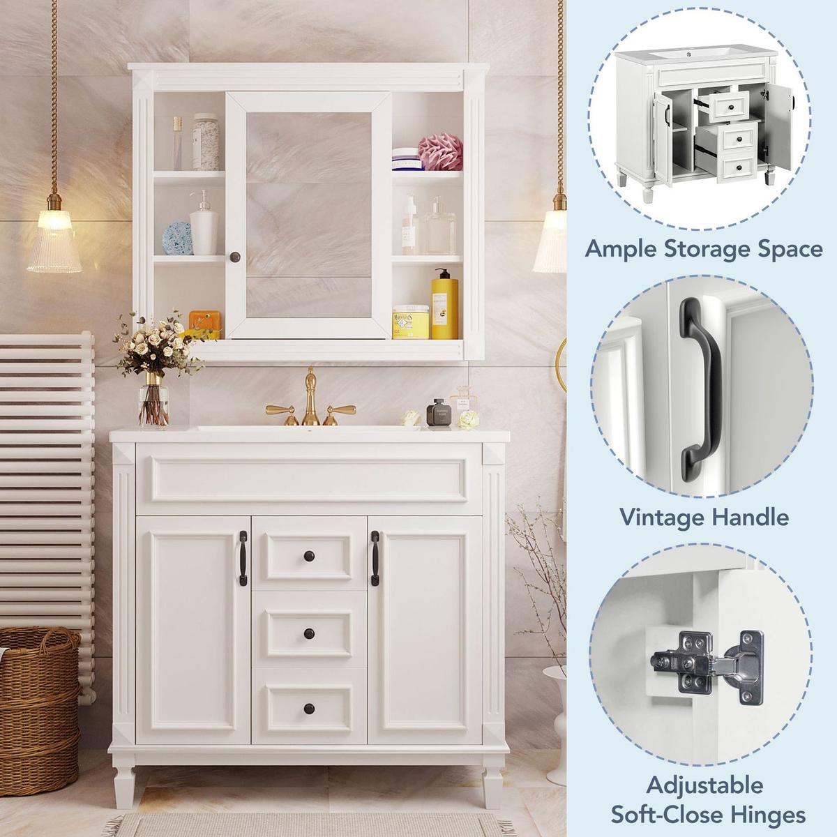 36" Bathroom Vanity with Top Sink, White Mirror Cabinet, Modern Bathroom Storage Cabinet with 2 Soft Closing Doors and 2 Drawers, Single Sink Bathroom Vanity