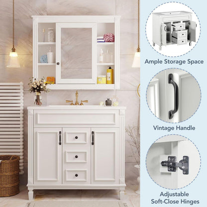 36" Bathroom Vanity with Top Sink, White Mirror Cabinet, Modern Bathroom Storage Cabinet with 2 Soft Closing Doors and 2 Drawers, Single Sink Bathroom Vanity