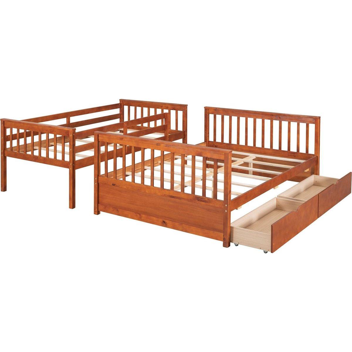Twin-Over-Full Bunk Bed with Ladders and Two Storage Drawers (Walnut) { o