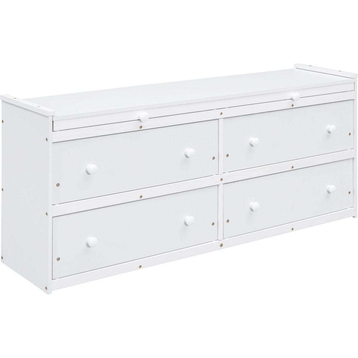 Twin Size Loft Bed with Retractable Writing Desk and 4 Drawers, Wooden Loft Bed with Lateral Portable Desk and Shelves, White