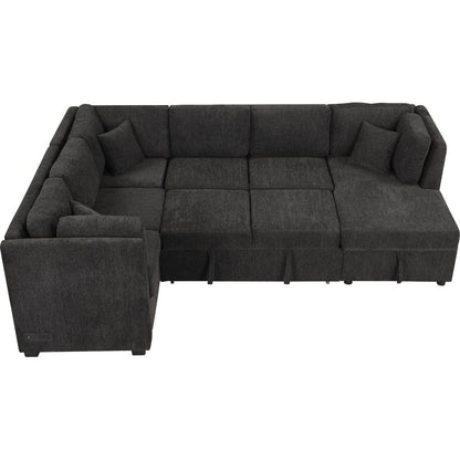 108.6" U-shaped Sectional Sofa Pull out Sofa Bed with Two USB Ports, Two Power Sockets, Three Back Pillows and a Storage Chaise for Living Room, Black