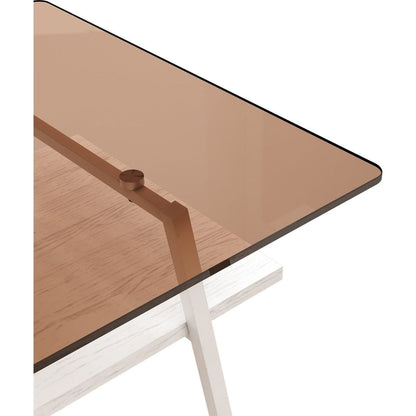 Rectangle Coffee Table, Tempered Glass Tabletop with White Metal Legs, Modern Table for Living Room, Brown Glass