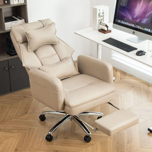 Swivel Ergonomic Office Chair, Technology Leather High Back Office Chair with Lumbar Support Headrest, Sedentary Comfortable Boss Chair, 155 Reclining Computer Chair (Color : Beige)