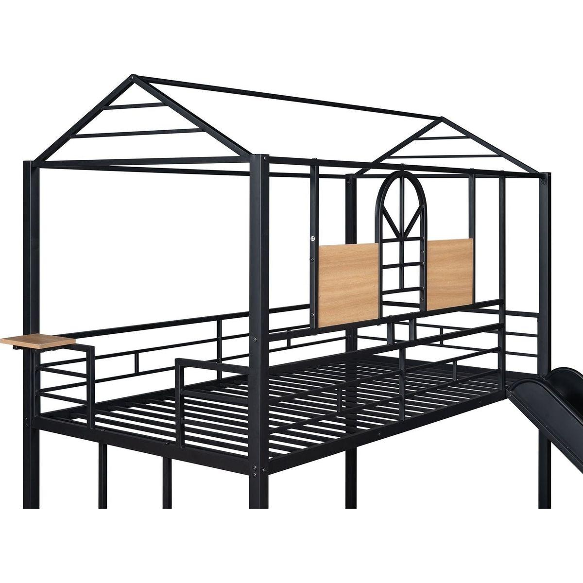 Twin Over Twin Metal Bunk Bed, Metal Housebed With Slide,Three Colors Available.(Black with Black Slide)