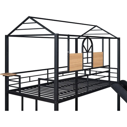 Twin Over Twin Metal Bunk Bed, Metal Housebed With Slide,Three Colors Available.(Black with Black Slide)