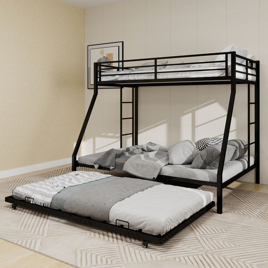 High - Stability Square Tube Bunk Bed, Featuring Ladder & Rolling Trundle, Modern Minimalist Look, Strong Load - Bearing for Home, Dormitory & Guest Room Needs-Full Size - 137cm x 190cm-Black