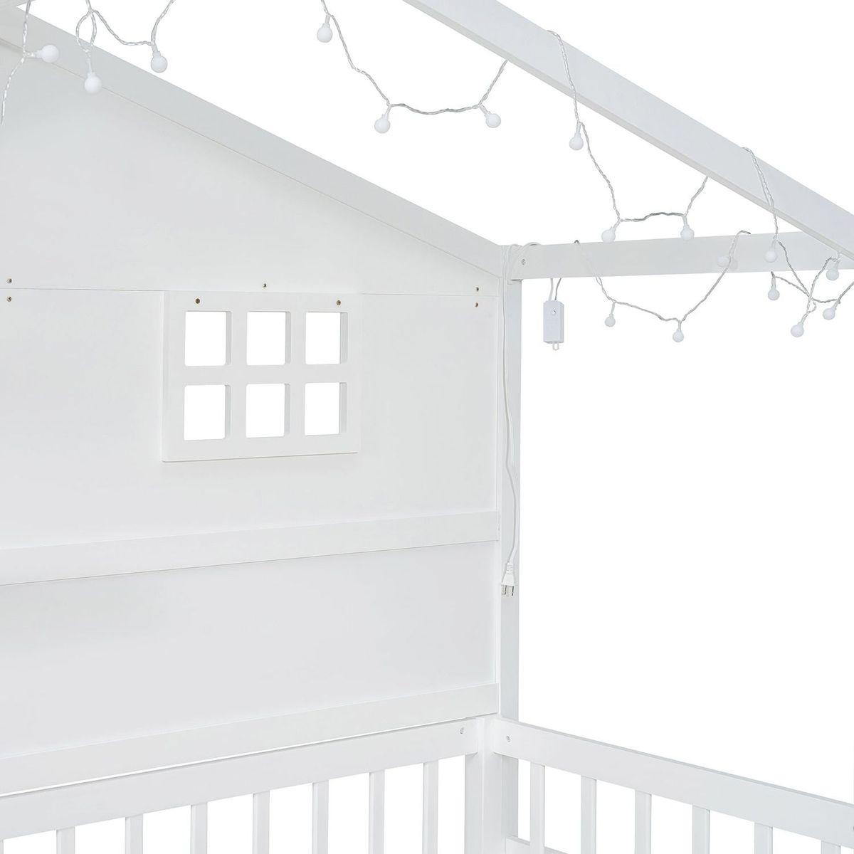 Twin Size House Bed with Shelves, House Bed with Window and Sparkling Light Strip on the Roof, White