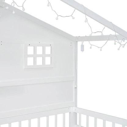 Twin Size House Bed with Shelves, House Bed with Window and Sparkling Light Strip on the Roof, White