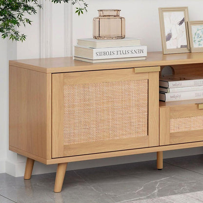 Rattan TV Stand for TVs up to 85", Modern Farmhouse Media Console, Entertainment Center with Solid Wood Legs, TV Cabinet for Living Room,Home Theatre